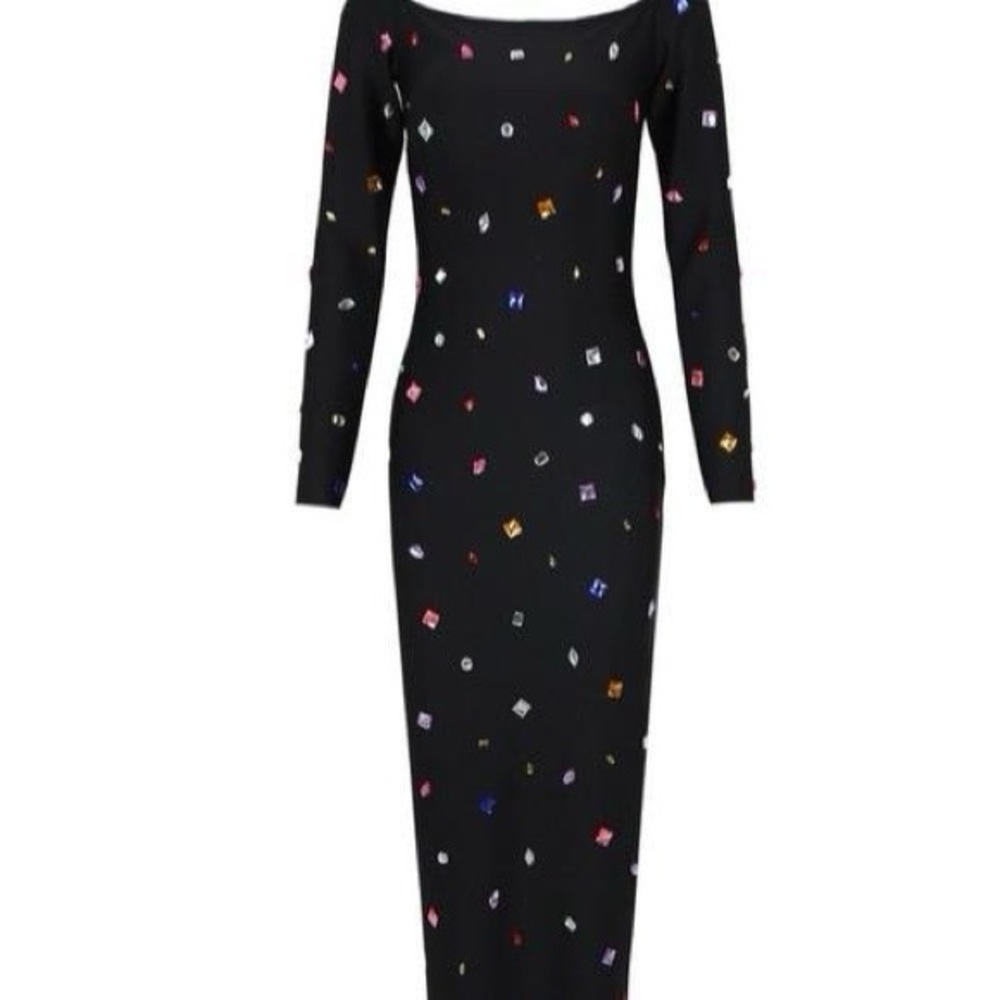 Crystal Embellished Long Sleeve Midi Bandage Dress - Picture 5 of 10